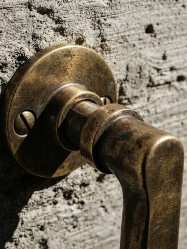 Extreme macro close-up of a solid-milled unlacquered brass door handle mounted on raw board-formed concrete, dramatic architectural side-light, sharp metallic grain
