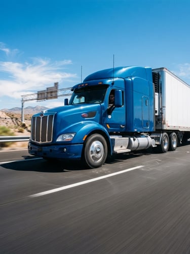 Dynamic low-angle tracking shot of a modern commercial semi-truck in motion on a clean, open American highway under crisp midday sunlight and a clear blue sky, 35mm lens