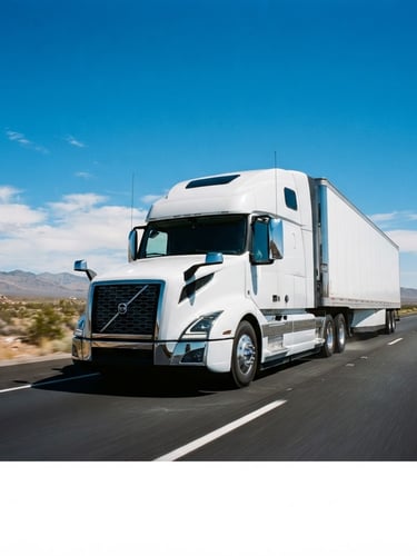 A clean modern commercial semi-truck driving on an open desert highway under bright midday sunlight and a vivid blue sky, dynamic low-angle tracking shot, 35mm lens.