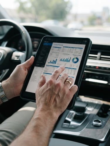 A person's hands reviewing a financial document on a modern tablet, car dashboard visible in the background, bright natural daylight, cool slate and warm orange tones, sharp focus, 35mm