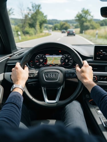 Driver's perspective, hands on a modern car steering wheel, dashboard visible, bright natural daylight, clean editorial photography, slate and orange tones, sharp focus.
