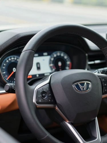 A clean close-up of a modern car dashboard, soft daylight illuminating the digital instrument cluster and steering wheel, sharp focus, 35mm