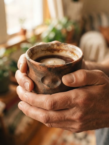 Close-up of a well-worn unglazed clay mug held in hands, showing rich thumbprint texture and soft tea stains, warm morning window light, shallow depth of field.