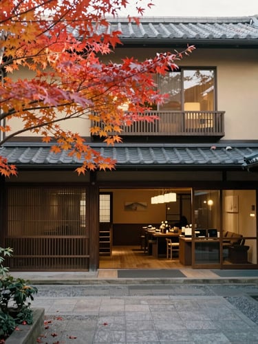 A warm boutique hotel courtyard in Kyoto, soft morning light filtering through maple leaves, rich saturated tones, 35mm film, editorial travel photography.