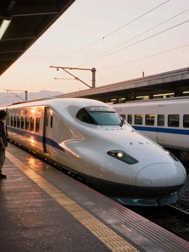 Wide panoramic shot of a lone traveler boarding a sleek shinkansen train at dawn, soft morning light reflecting off the platform, cinematic 35mm film style.