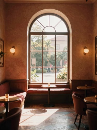 A warm boutique hotel interior with soft morning light streaming through a tall arch window, rich saturated tones, 35mm film.