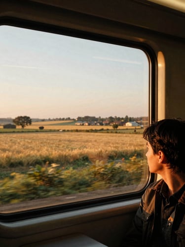 A passenger looking out of a train window at the golden hour countryside, warm editorial travel photography, 35mm film.