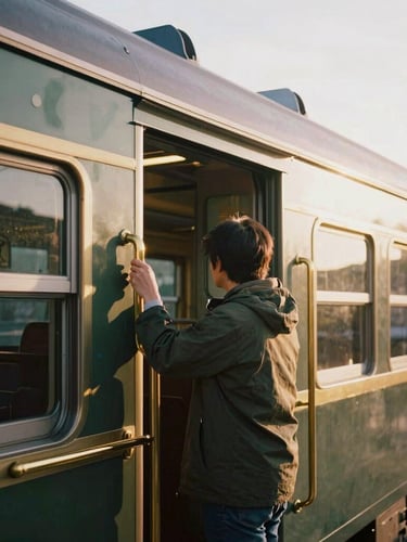 A close-up portrait of a traveler boarding a vintage train in Kyoto, soft morning light reflecting on the brass handrails, warm editorial travel photography, 35mm film style