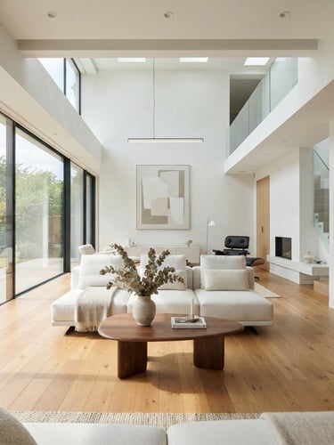 Bright architectural interior photography of a modern, sunlit living room with high ceilings, clean lines, warm wooden flooring, and minimalist furniture, daytime.