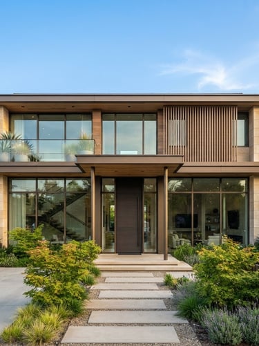 Bright architectural photography of a modern luxury residential facade, straight perspective, warm daylight, clean lines.