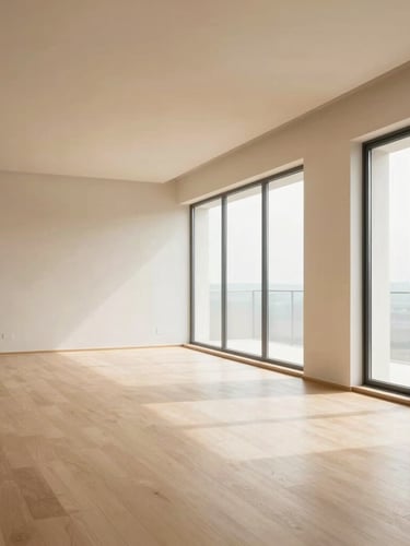 Bright interior of a modern living room with warm sand tones, clean architectural lines, large window with soft daylight filtering through, professional perspective.