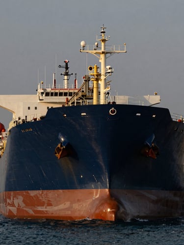 Dramatic low-angle view of a massive oil tanker hull at golden hour in the UAE port, deep navy water, sharp industrial focus.