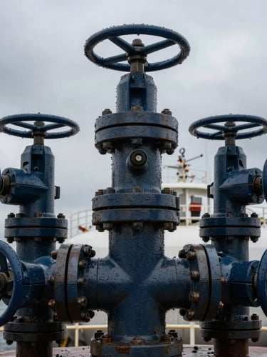 Extreme close-up of heavy steel tanker manifold connections and valves, dramatic overcast daylight, industrial maritime hardware, 35mm lens, sharp focus
