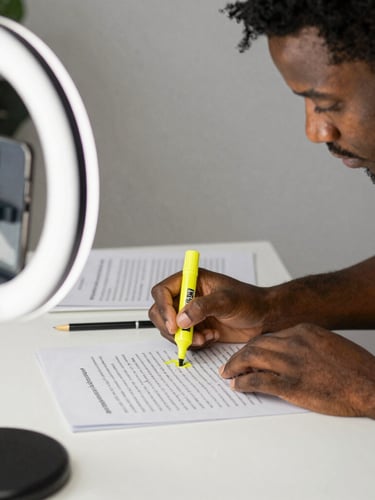Person using a yellow highlighter on a document under a ring light for content creation.