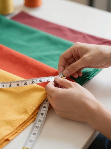 Hands of an artisan measuring soft colorful fabrics with a tape measure in a bright workshop, warm natural daylight, eye-level angle, 35mm