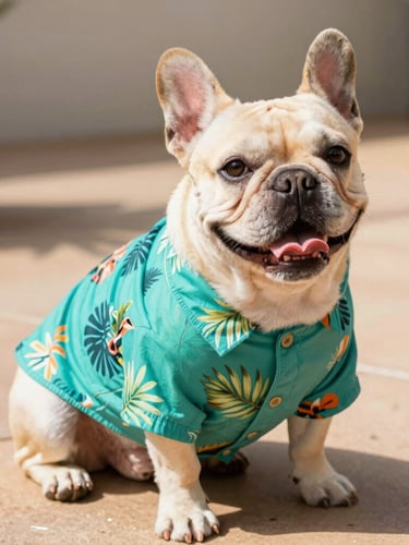 A happy French Bulldog wearing a vibrant teal tropical print shirt, sitting comfortably on a sunny patio, warm cheerful pet photography, 35mm