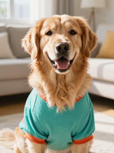 A happy golden retriever wearing a colorful handmade teal shirt, sitting in a bright sunlit living room, eye-level shot, warm cheerful pet photography