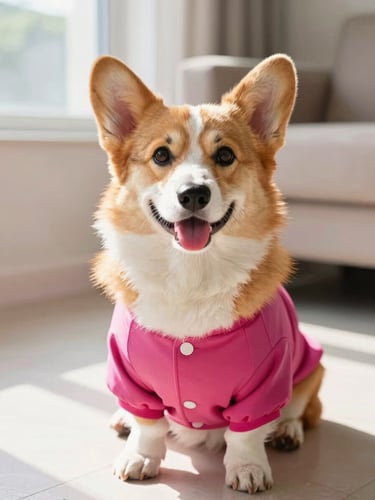 A happy fluffy Pembroke Welsh Corgi wearing a vibrant magenta handmade dog shirt, sitting in a bright sunlit living room, eye-level shot, warm natural daylight