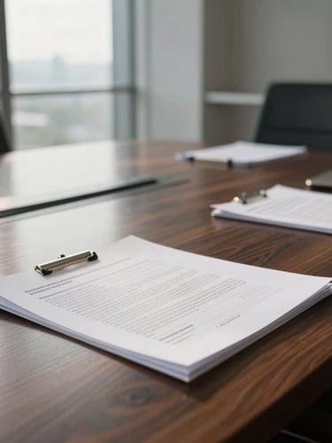 Close-up of a modern corporate boardroom table made of dark oak, reflecting soft morning light from high floor-to-ceiling windows, professional executive documents resting neatly on the surface.