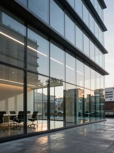 Wide-angle architectural perspective of a modern glass boardroom in Mexico City, sharp morning light, shallow depth of field