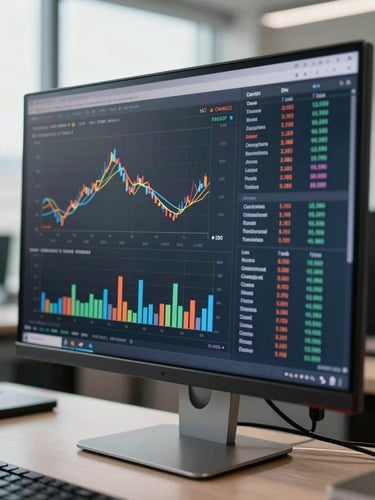 Extreme close-up of a clean digital financial dashboard showing corporate performance metrics on a high-end monitor, steel and glass office reflections, sharp crisp morning daylight.