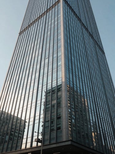 Wide-angle architectural perspective of a modern steel and glass skyscraper facade in Mexico City, crisp morning daylight, sharp reflections.