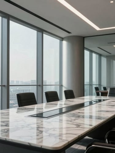 Wide-angle architectural perspective of an empty modern executive boardroom with a polished marble table, glass and steel structural elements, cool morning daylight streaming through floor-to-ceiling windows.