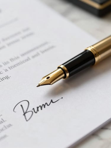 Extreme close-up of a signed corporate contract on a marble table with a gold pen, sharp morning daylight, shallow depth of field