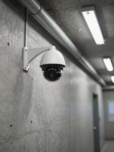 Wide shot, camera left — a Hikvision dome camera mounted flush on a raw concrete industrial wall, conduit running neatly to the right, harsh overhead fluorescent fill, shallow depth of field with the mounting hardware in sharp focus and the corridor fading behind