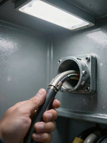 Extreme closeup of hands routing heavy-gauge electrical conduit through a steel junction box in an industrial facility, overhead fluorescent light casting crisp shadows on gray metallic surfaces, wiring detail sharp in foreground
