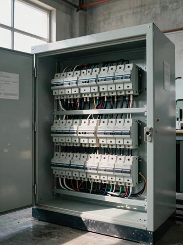Wide shot inside an open industrial electrical panel, dense cable runs and circuit breakers in organized rows, daylight from a factory window catching steel surfaces, close environmental framing showing the panel integrated into a concrete wall
