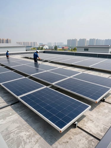 Wide overhead shot of solar panel array being installed on a flat industrial rooftop, two technicians visible from above positioning panels in precise rows, midday daylight, urban skyline blurred in far background, generous sky above