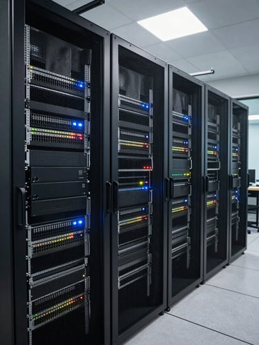 Wide environmental shot of a server rack and network patch panel inside a security operations room, Hikvision NVR units visible, LED indicators active, overhead fluorescent light, no people
