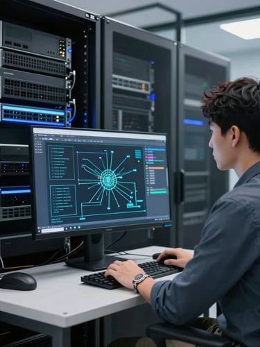 Professional IT engineer in profile working in a modern, well-lit server room, analyzing network topology on a clean monitor, cool daylight, sharp focus, 35mm.