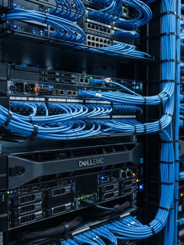 Macro close-up of clean, impeccably organized enterprise server racks with precise blue cabling, cool daylight mixed with soft blue LED indicator glows, sharp focus, 35mm.