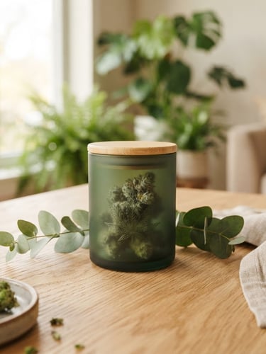 A medium close-up of premium, clean cannabis packaging resting on a light wooden table, bright natural daylight, soft shadows, professional and sophisticated botanical vibe