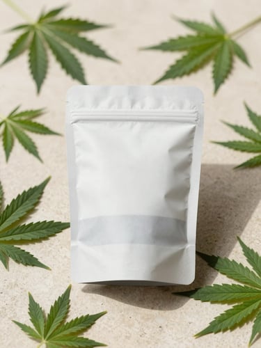 A close-up flat-lay of clean, minimalist cannabis packaging next to fresh green botanical leaves on a light stone surface, bright natural daylight, soft shadows.