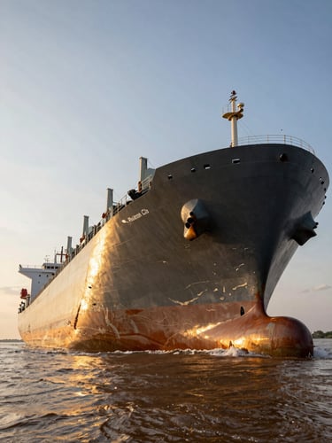 Low-angle dramatic shot of a massive Panamax bulk carrier navigating the muddy Amazon River gateway near Macapá, golden hour light reflecting off the dark steel hull, expansive sky.
