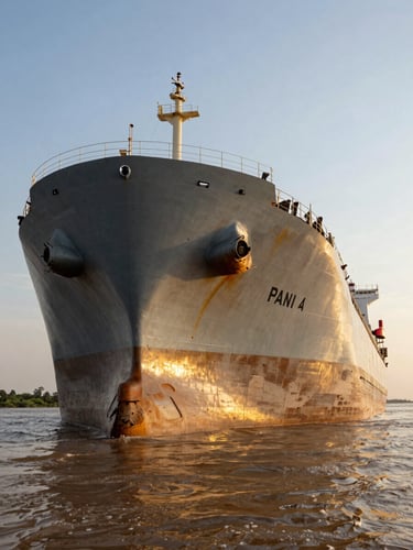Low-angle shot of a massive Panamax bulk carrier hull in the muddy Amazon river waters, golden hour light reflecting off the steel, technical grid overlay vibe
