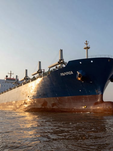 Low-angle dramatic shot of a massive Panamax bulk carrier hull navigating the muddy waters of the Amazon River at dawn, high contrast golden light, industrial scale.