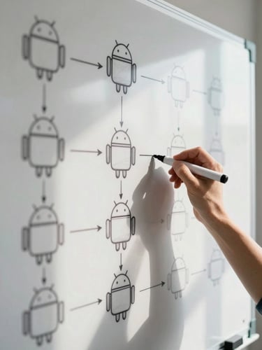 Close-up of a whiteboard covered in Android navigation flow diagrams and annotated user-journey maps, a hand holding a marker mid-annotation, bright daylight from a side window casting clean shadows, tight crop showing diagram detail and ink texture