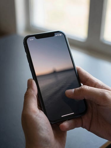 Close-up of an Android phone screen held in one hand, a gesture mid-swipe frozen in frame, the UI transition animation visible as a crisp blur between two states, bright daylight from a window behind illuminating the screen details, tight portrait crop showing only the hand and device against a clean charcoal desk surface