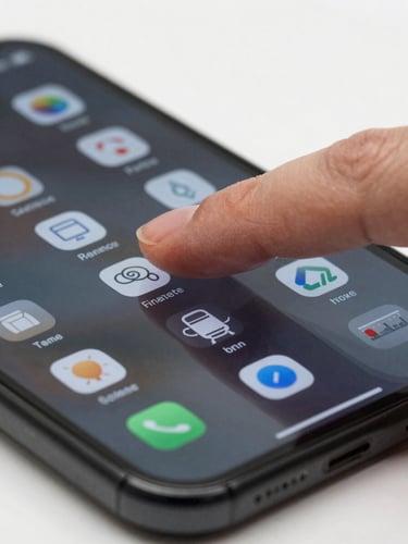 Tight close-up of a finger pressing a smartphone screen mid-tap, bright studio strobe lighting revealing crisp UI detail on the display, sharp focus on the fingertip and glass surface with the interface clearly visible beneath
