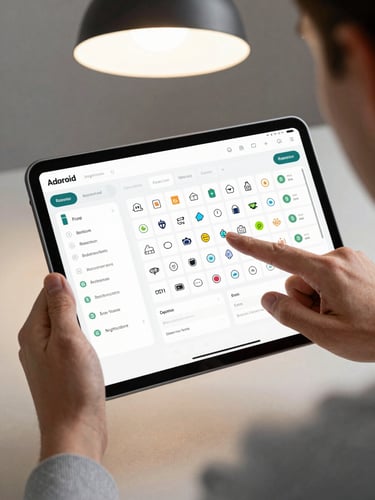 Android tablet showing a logistics dashboard, a team member pointing at a specific UI element on screen during a design review, clean overhead studio lighting, tight environmental crop focused on the screen and hands, no faces visible