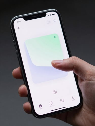 Close-up of a physical Android phone in a hand, screen showing a polished app UI with a smooth card-reveal animation frozen mid-motion, finger touching the screen, clean bright studio strobe lighting showing crisp UI colors and pixel-level detail, dark background behind the hand