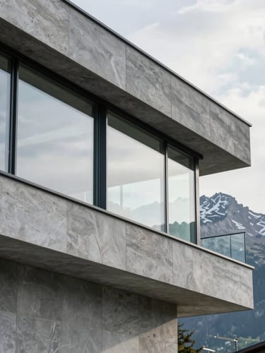 Close-up of clean modern Swiss architecture, brushed grey stone and sharp glass lines under soft diffused mountain daylight