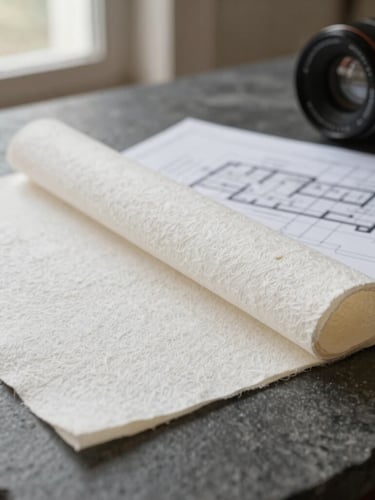 Close-up of heavy textured cotton paper and architectural plans on a solid dark stone table, elegant soft window light.