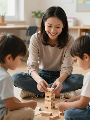 Candid eye-level shot of a smiling teacher in a light-filled classroom sitting on the floor with two children building a wooden block tower, warm natural light, shallow depth of field.