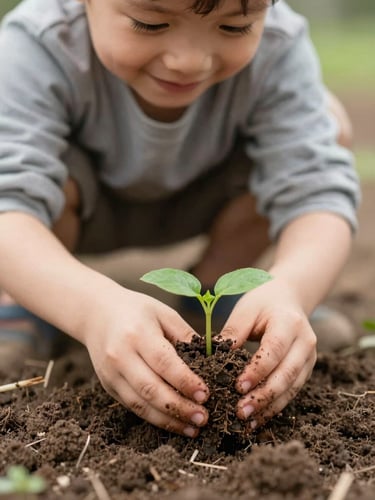 Candid eye-level photo of a young child with muddy hands smiling warmly while planting a small green sprout in soft soil, natural diffused morning light, shallow depth of field.