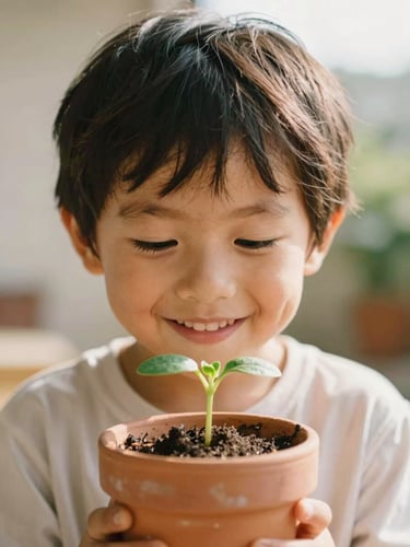 Candid eye-level portrait of a young child smiling while looking at a small green sprout in a terracotta pot, soft warm natural daylight, shallow depth of field, 35mm lens